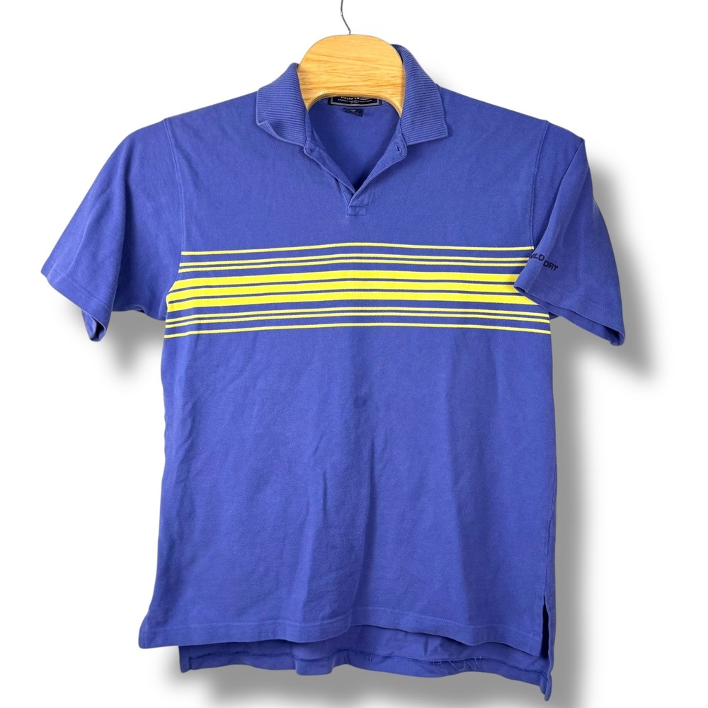 Polo Sport Ralph Lauren Shirt Mens L Blue Yellow Stripe Mock Neck Vintage 90s